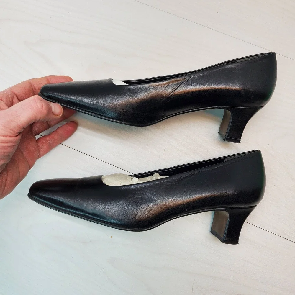 PROXY Black Leather Square Toe Block Heel Pumps Women Size 7.5 Made in Spain